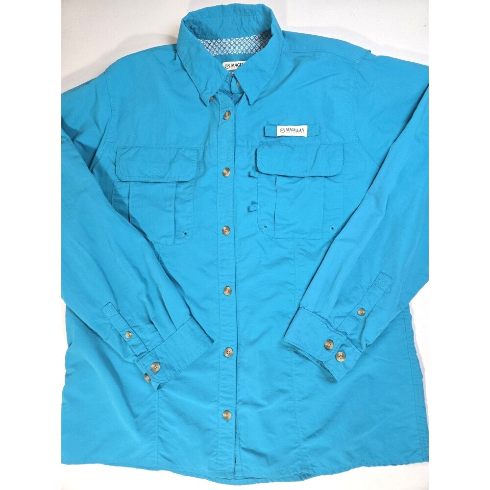 Magellan Outdoors Fish Gear Womens Large Long Sleeve Button-Up Shirt Blue